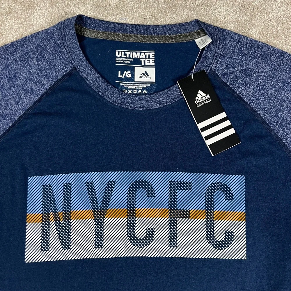Adidas Mens Large Blue Crew Neck Long Sleeve Pullover NYCFC Performance Tee NWT‎